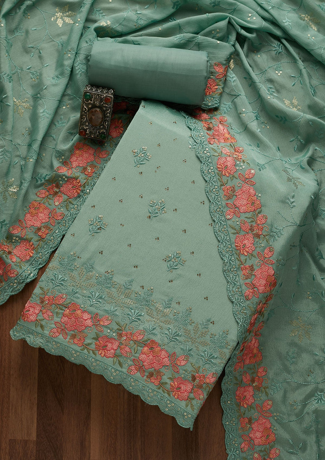 Sea Green Threadwork Georgette Unstitched Salwar Suit-Koskii