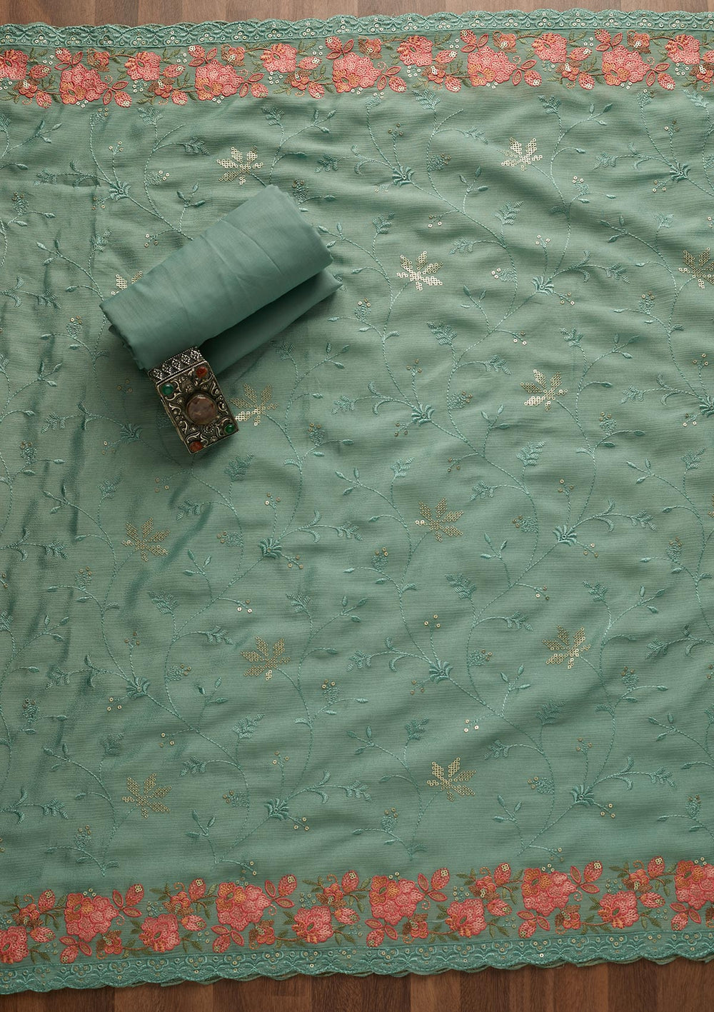 Sea Green Threadwork Georgette Unstitched Salwar Suit-Koskii