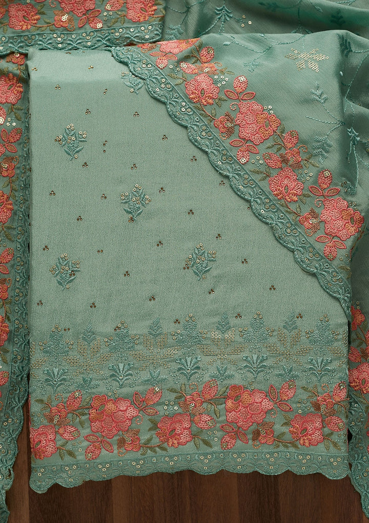Sea Green Threadwork Georgette Unstitched Salwar Suit-Koskii