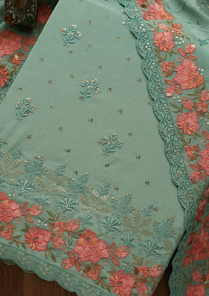 Sea Green Threadwork Georgette Unstitched Salwar Suit-Koskii