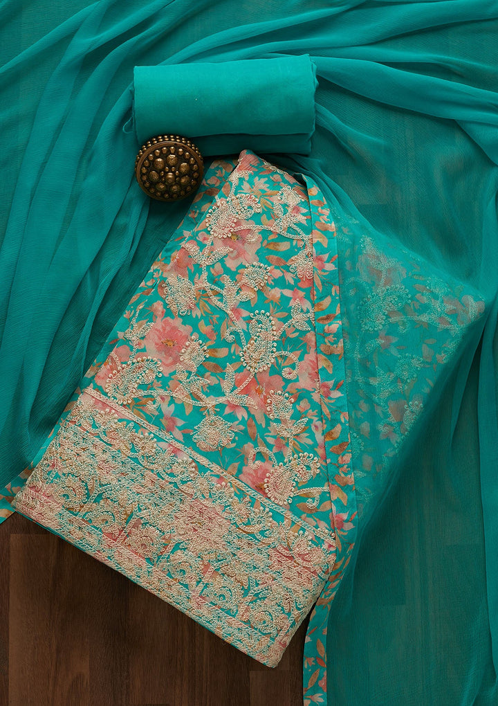 Sea Green Threadwork Georgette Unstitched Salwar Suit-Koskii