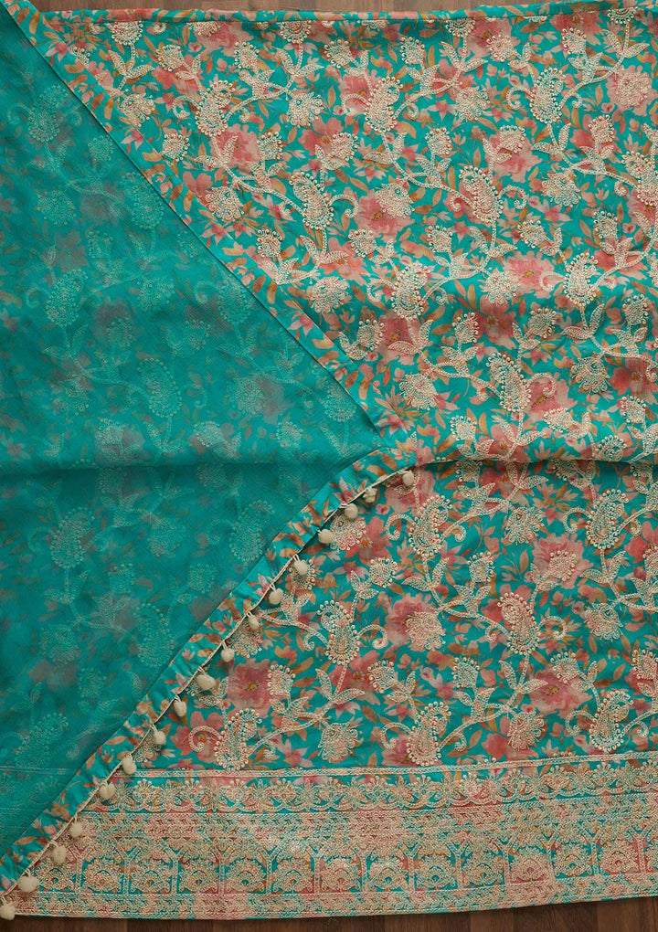 Sea Green Threadwork Georgette Unstitched Salwar Suit-Koskii