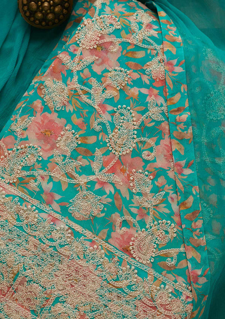 Sea Green Threadwork Georgette Unstitched Salwar Suit-Koskii