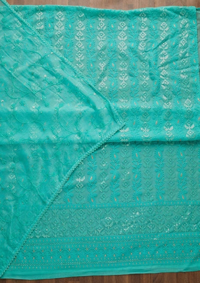 Sea Green Threadwork Georgette Unstitched Salwar Suit-Koskii