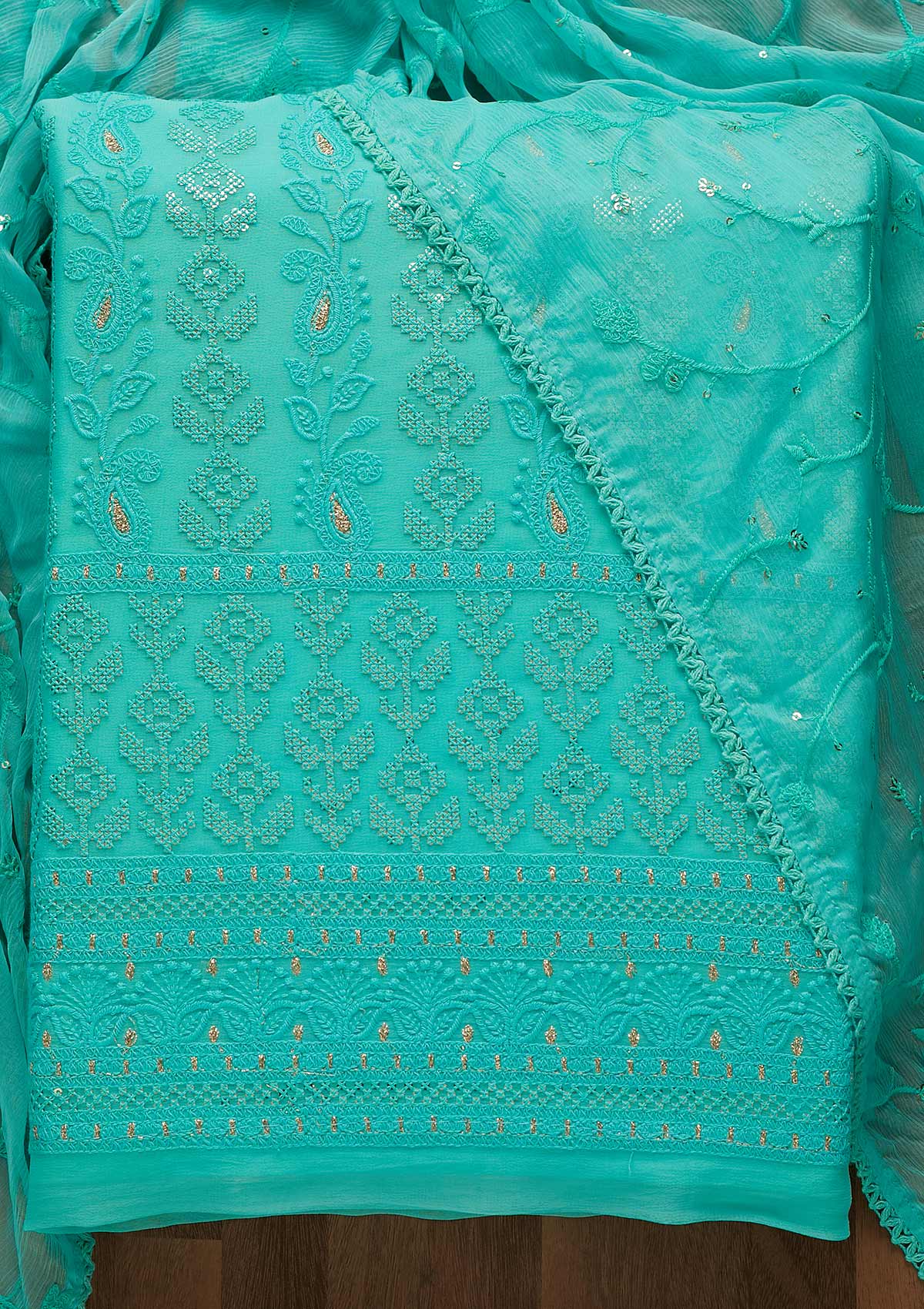 Sea Green Threadwork Georgette Unstitched Salwar Suit-Koskii