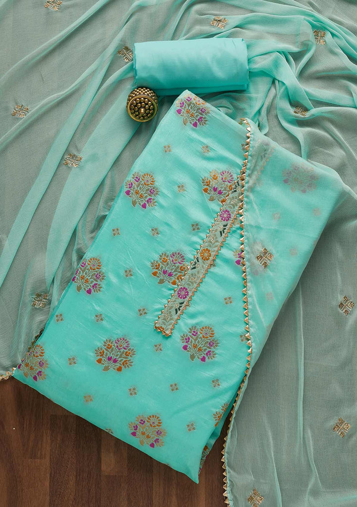 Sea Green Threadwork Georgette Unstitched Salwar Suit-Koskii