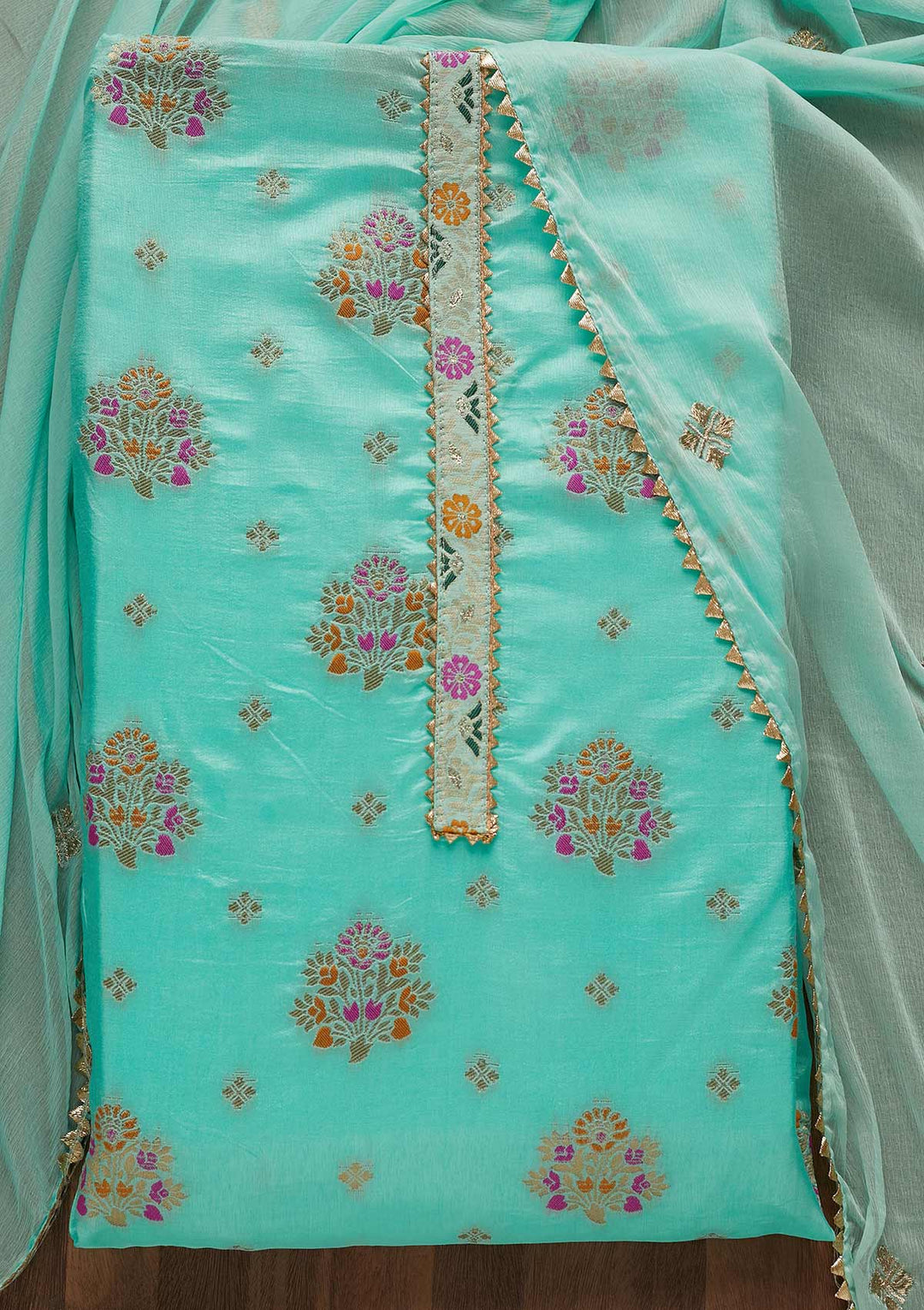 Sea Green Threadwork Georgette Unstitched Salwar Suit-Koskii