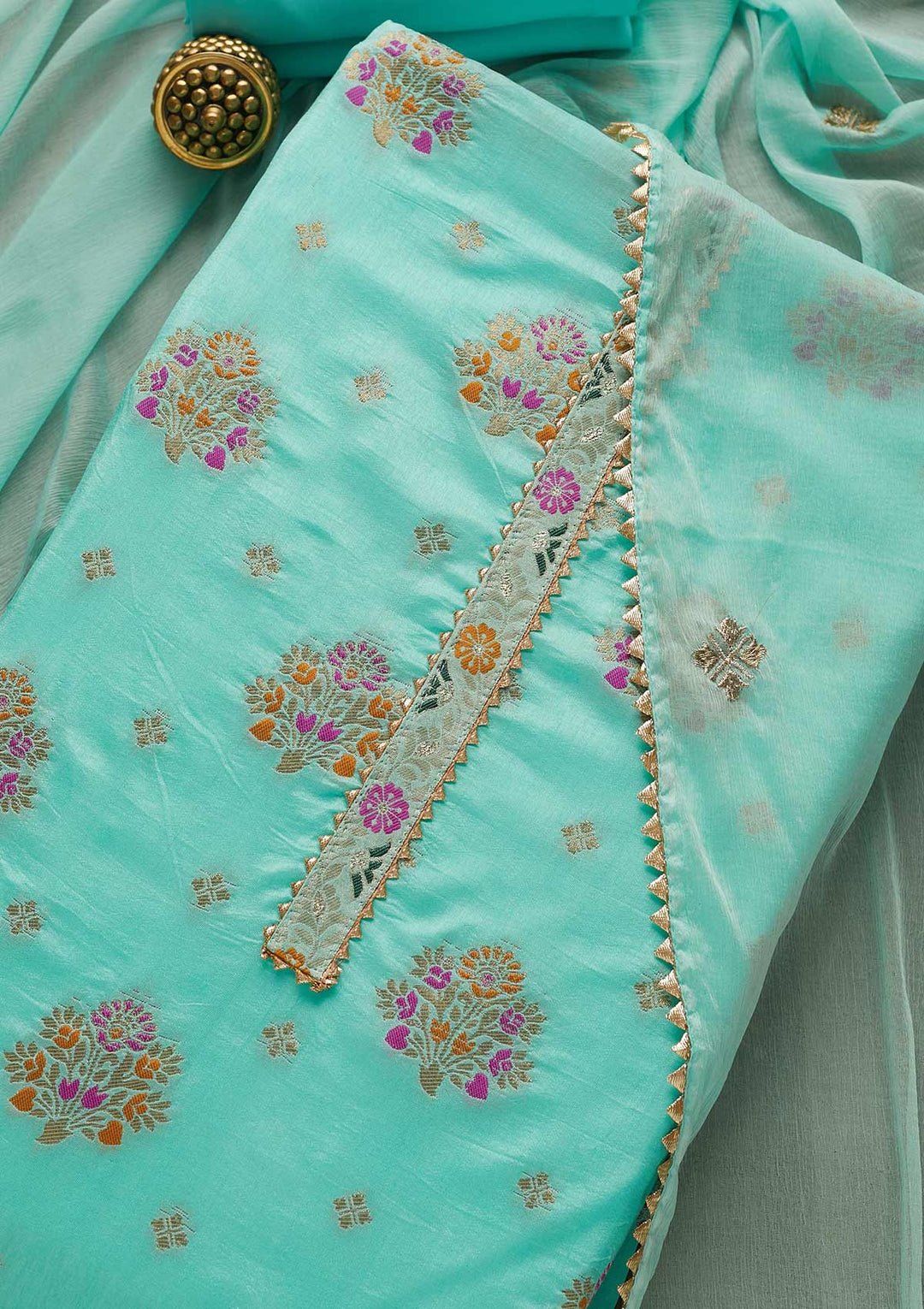 Sea Green Threadwork Georgette Unstitched Salwar Suit-Koskii