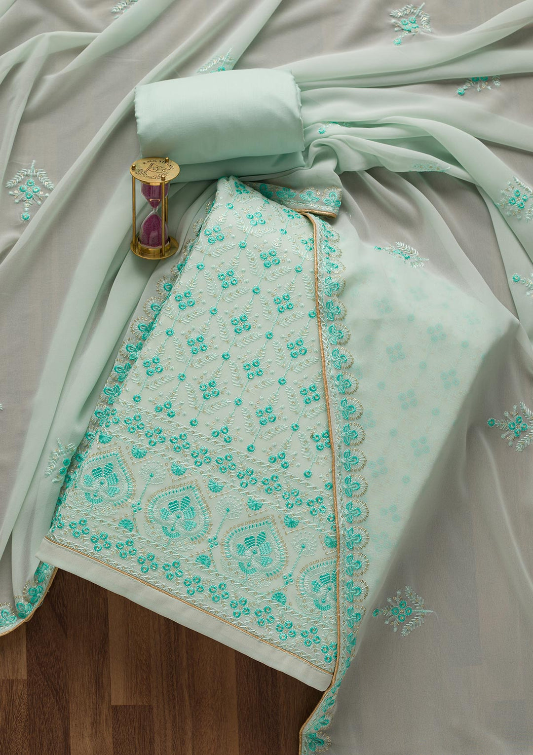 Sea Green Threadwork Georgette Unstitched Salwar Suit-Koskii