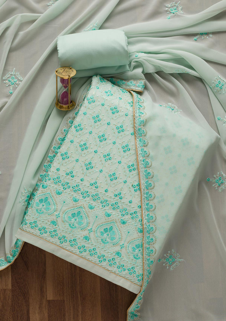 Sea Green Threadwork Georgette Unstitched Salwar Suit-Koskii
