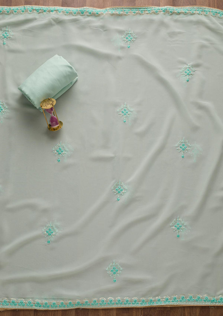 Sea Green Threadwork Georgette Unstitched Salwar Suit-Koskii