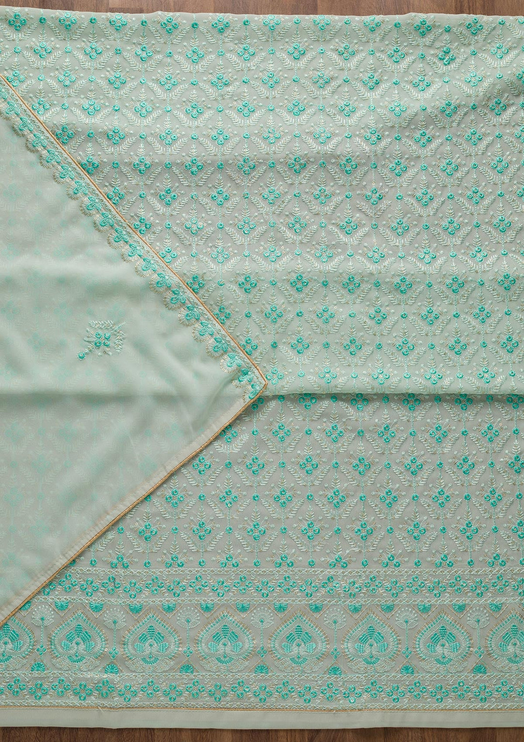 Sea Green Threadwork Georgette Unstitched Salwar Suit-Koskii