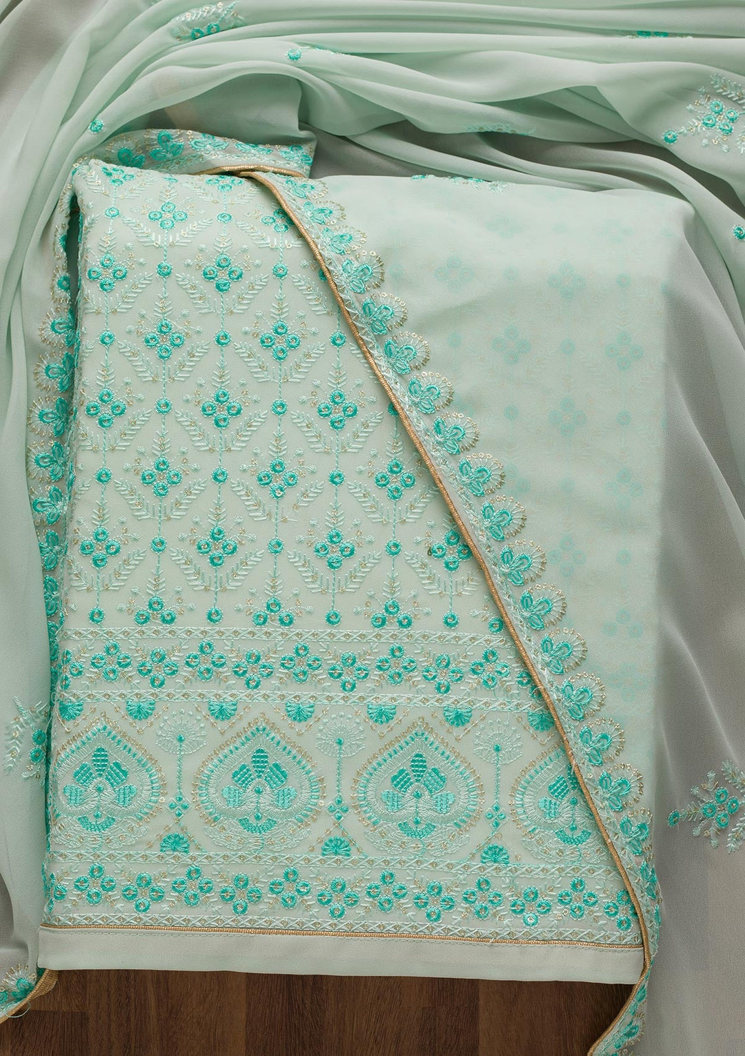 Sea Green Threadwork Georgette Unstitched Salwar Suit-Koskii