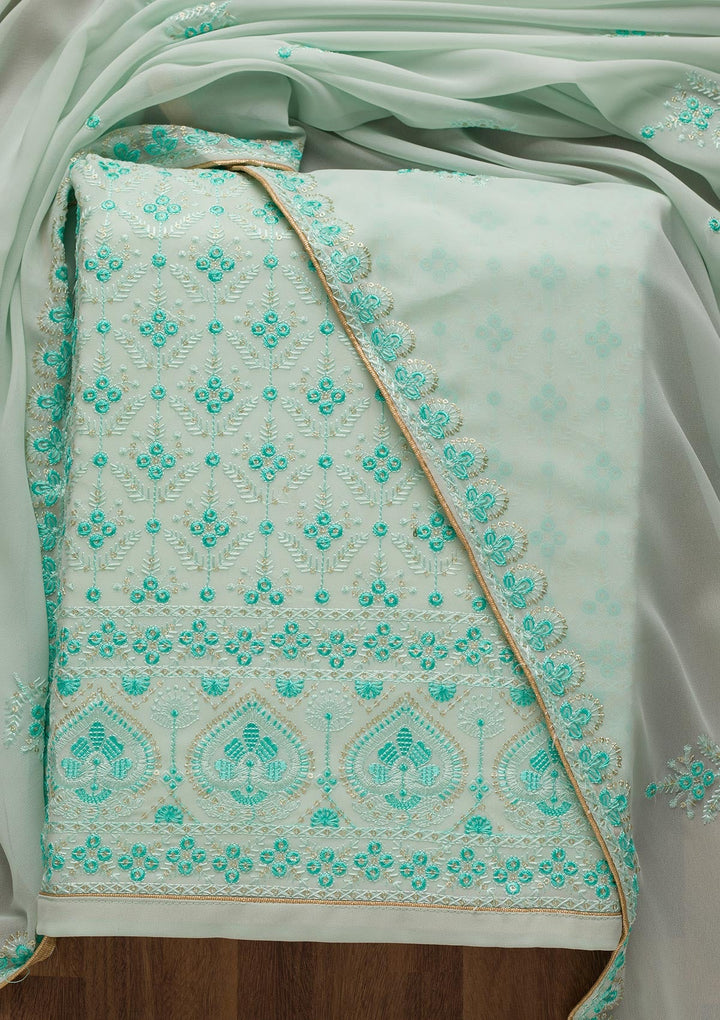 Sea Green Threadwork Georgette Unstitched Salwar Suit-Koskii