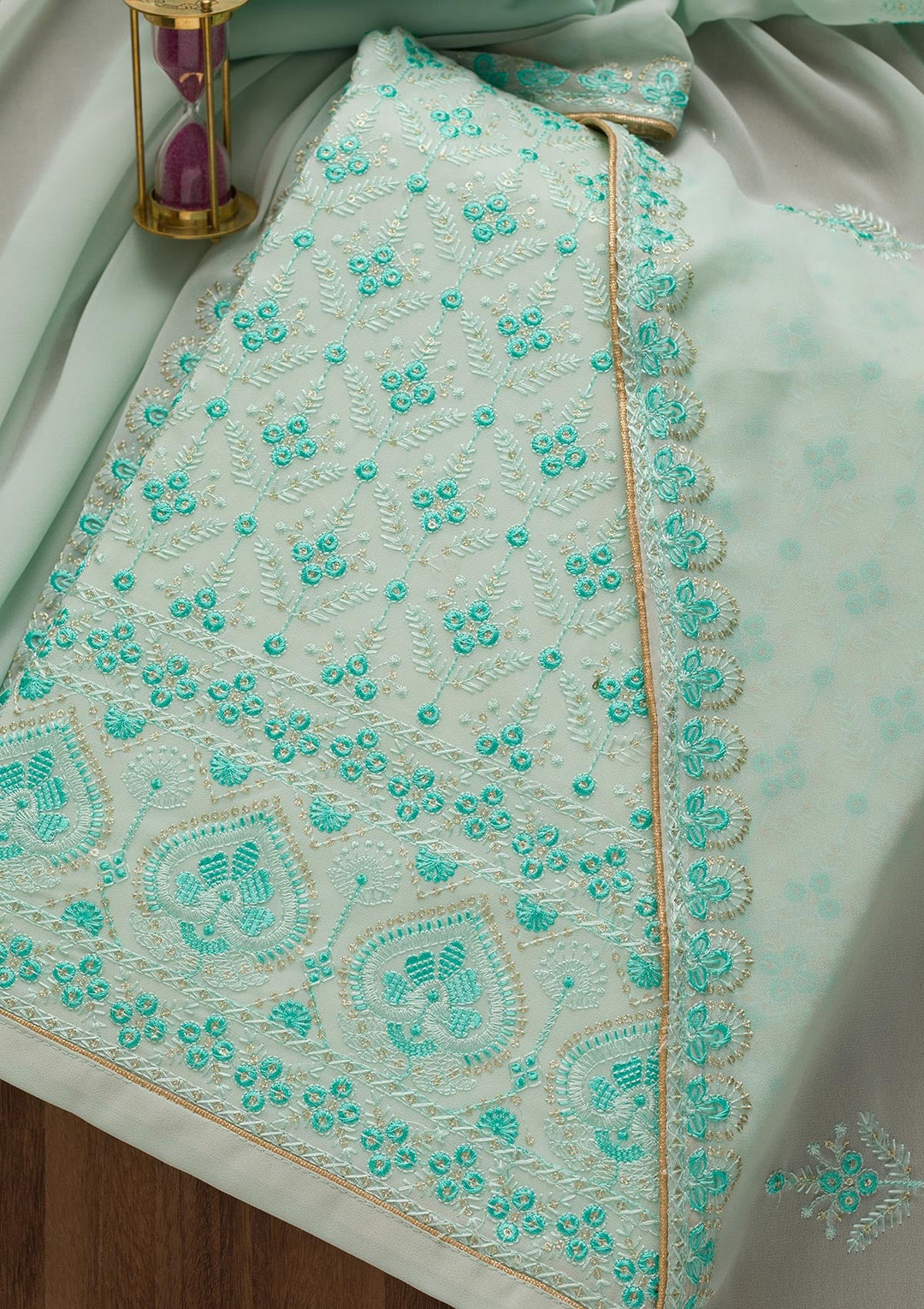 Sea Green Threadwork Georgette Unstitched Salwar Suit-Koskii