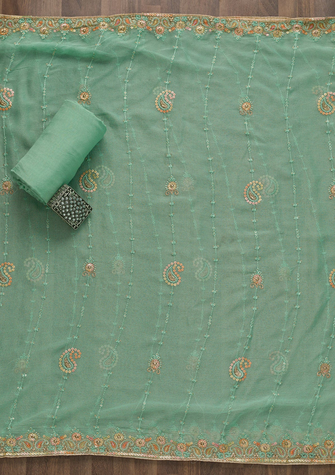 Sea Green Threadwork Georgette Unstitched Salwar Suit-Koskii