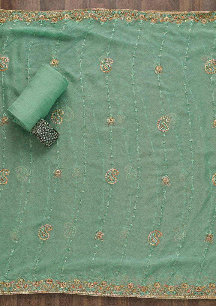 Sea Green Threadwork Georgette Unstitched Salwar Suit-Koskii