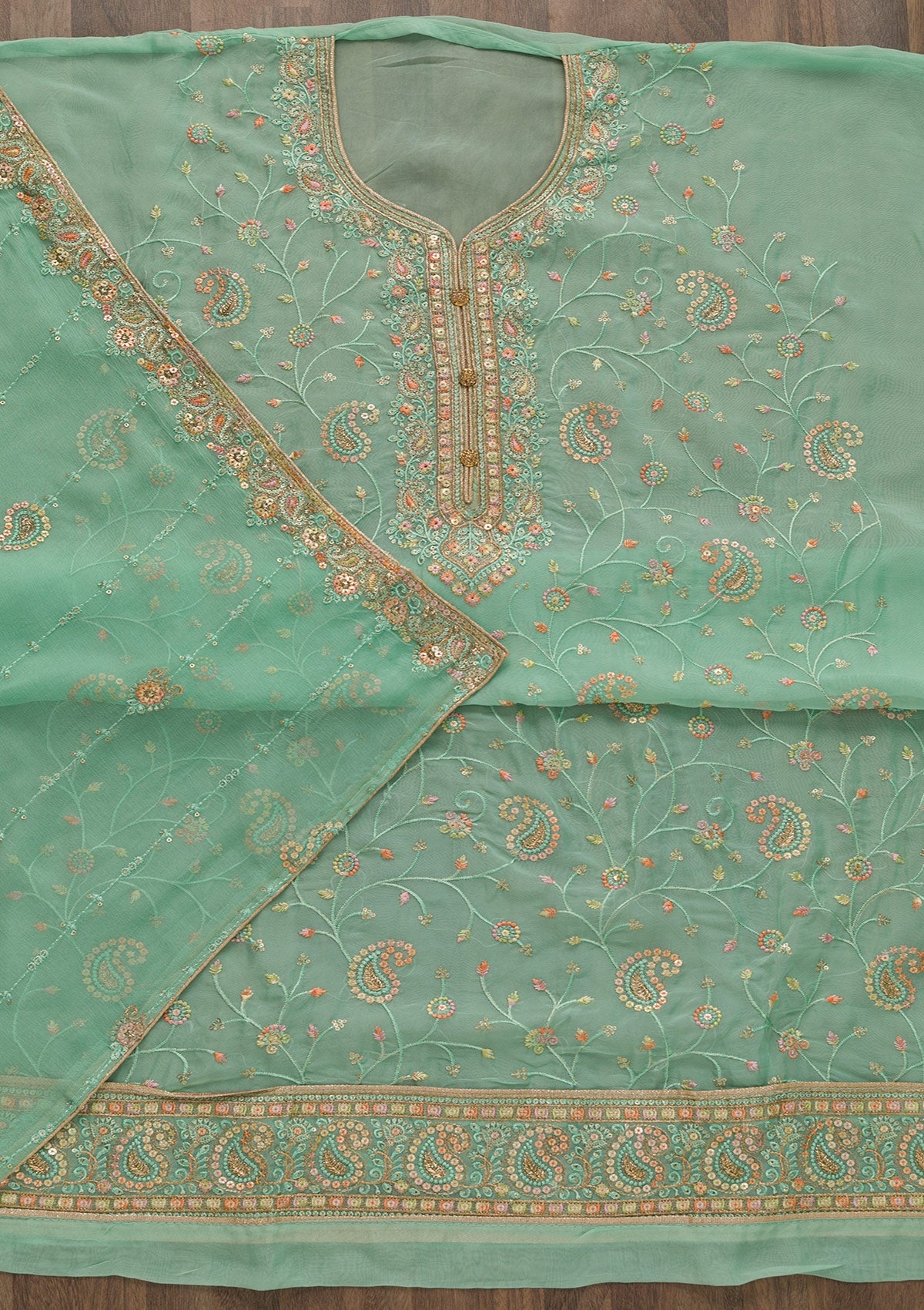 Sea Green Threadwork Georgette Unstitched Salwar Suit-Koskii