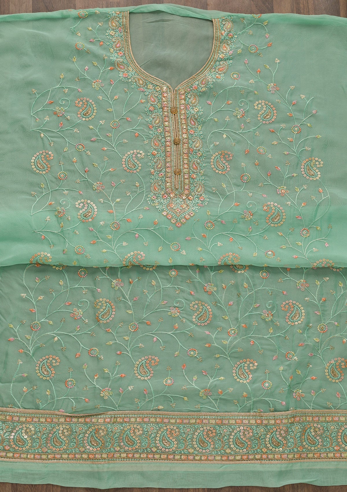 Sea Green Threadwork Georgette Unstitched Salwar Suit-Koskii