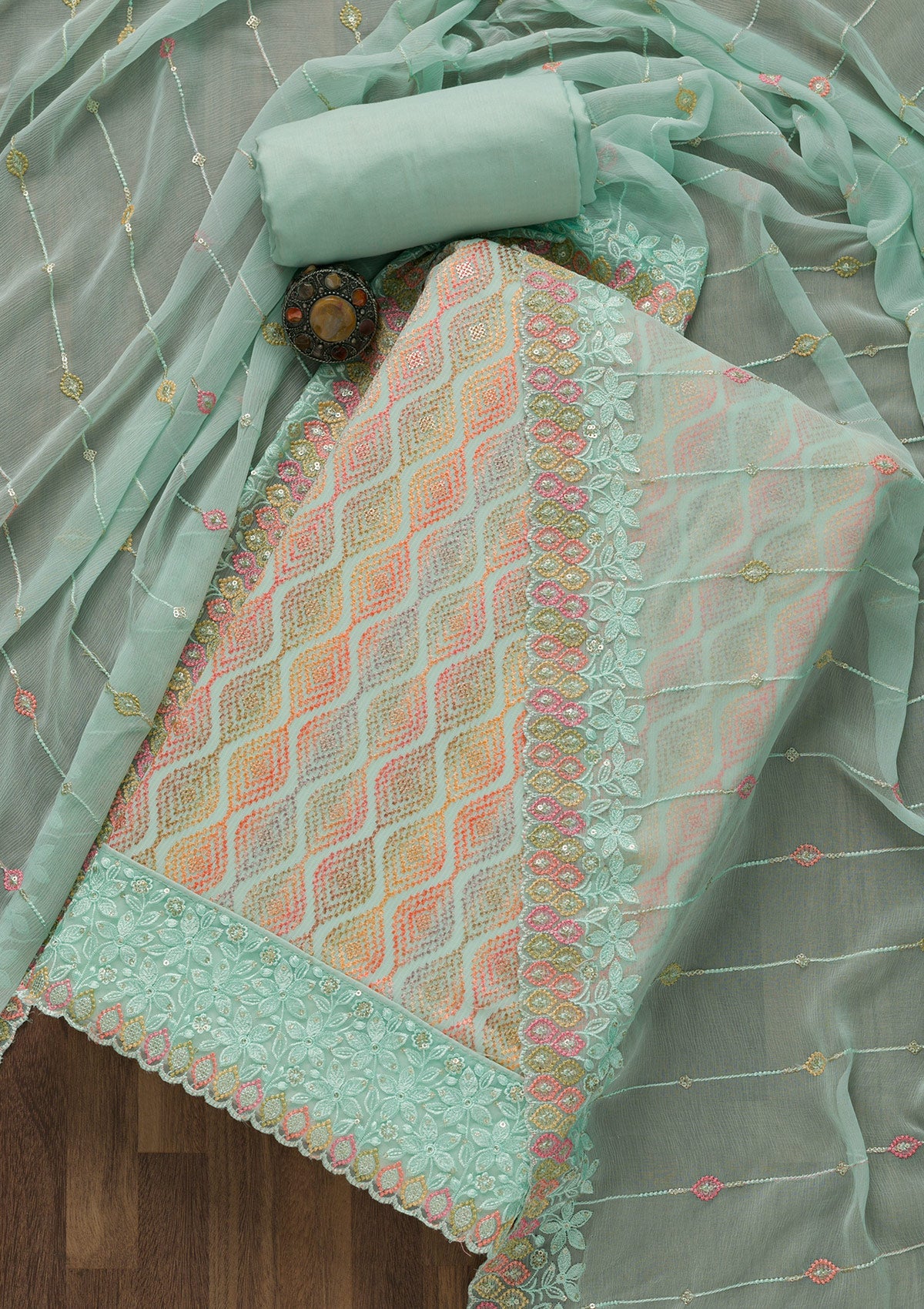 Sea Green Threadwork Georgette Unstitched Salwar Suit-Koskii