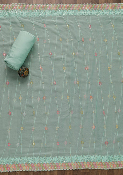 Sea Green Threadwork Georgette Unstitched Salwar Suit-Koskii