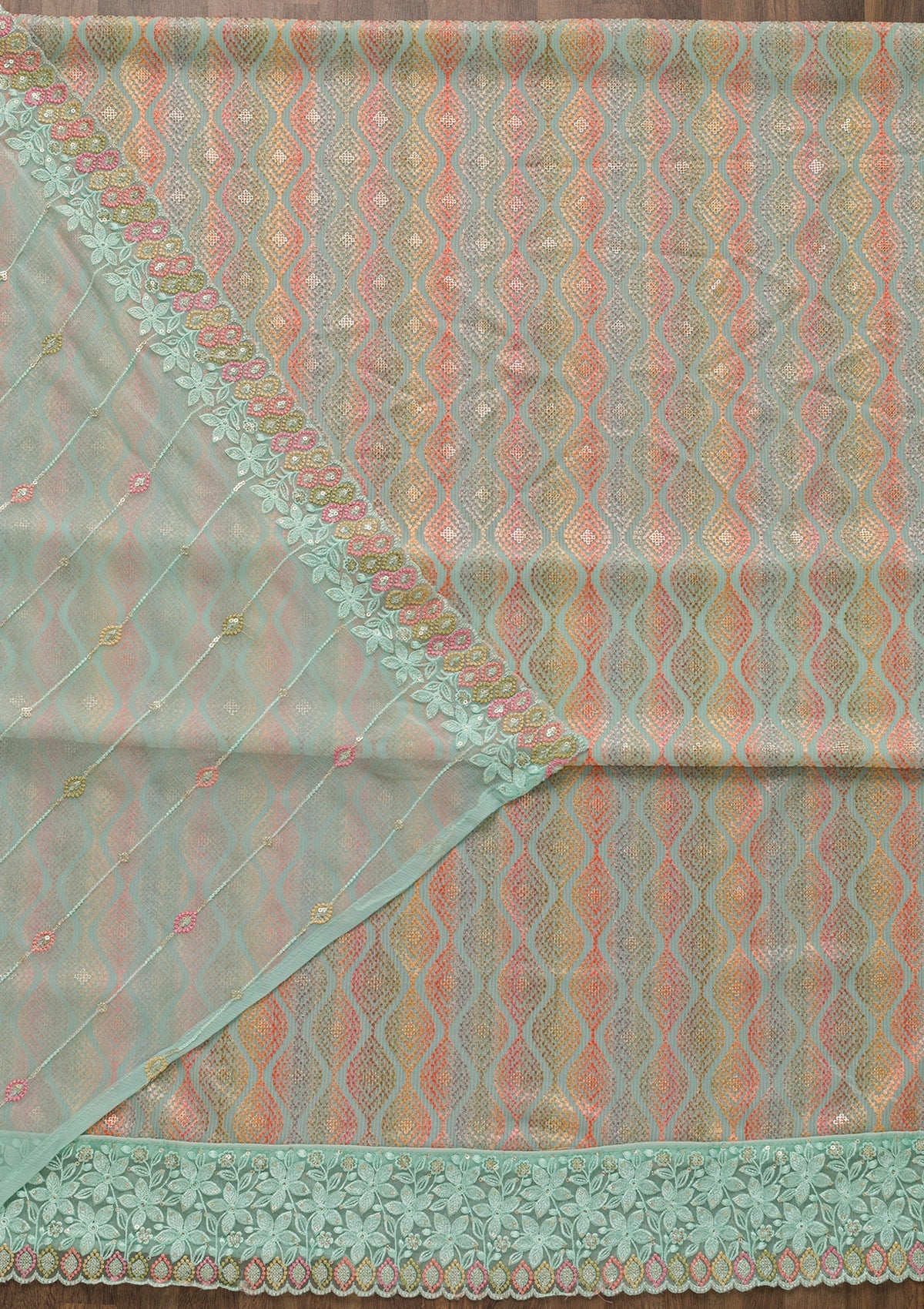Sea Green Threadwork Georgette Unstitched Salwar Suit-Koskii