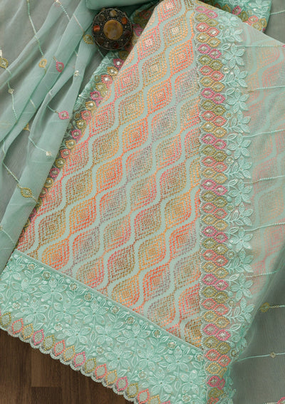 Sea Green Threadwork Georgette Unstitched Salwar Suit-Koskii