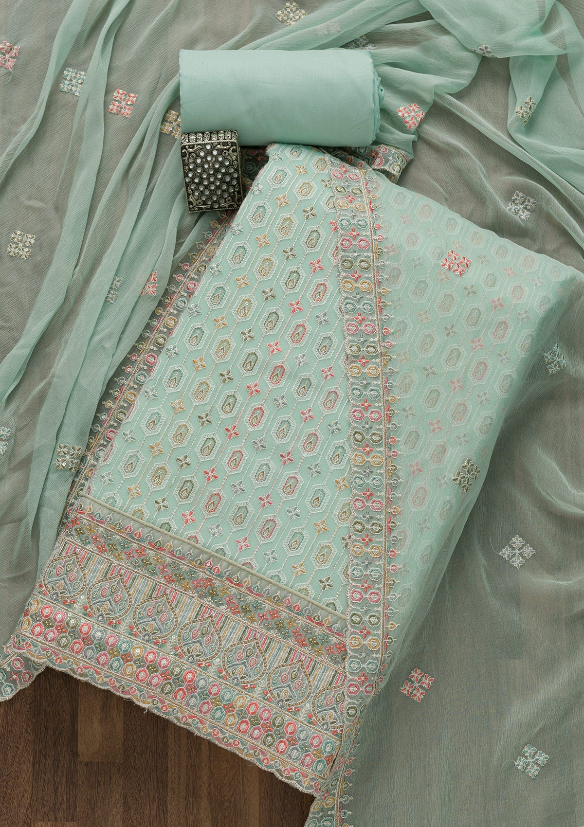 Sea Green Threadwork Georgette Unstitched Salwar Suit-Koskii