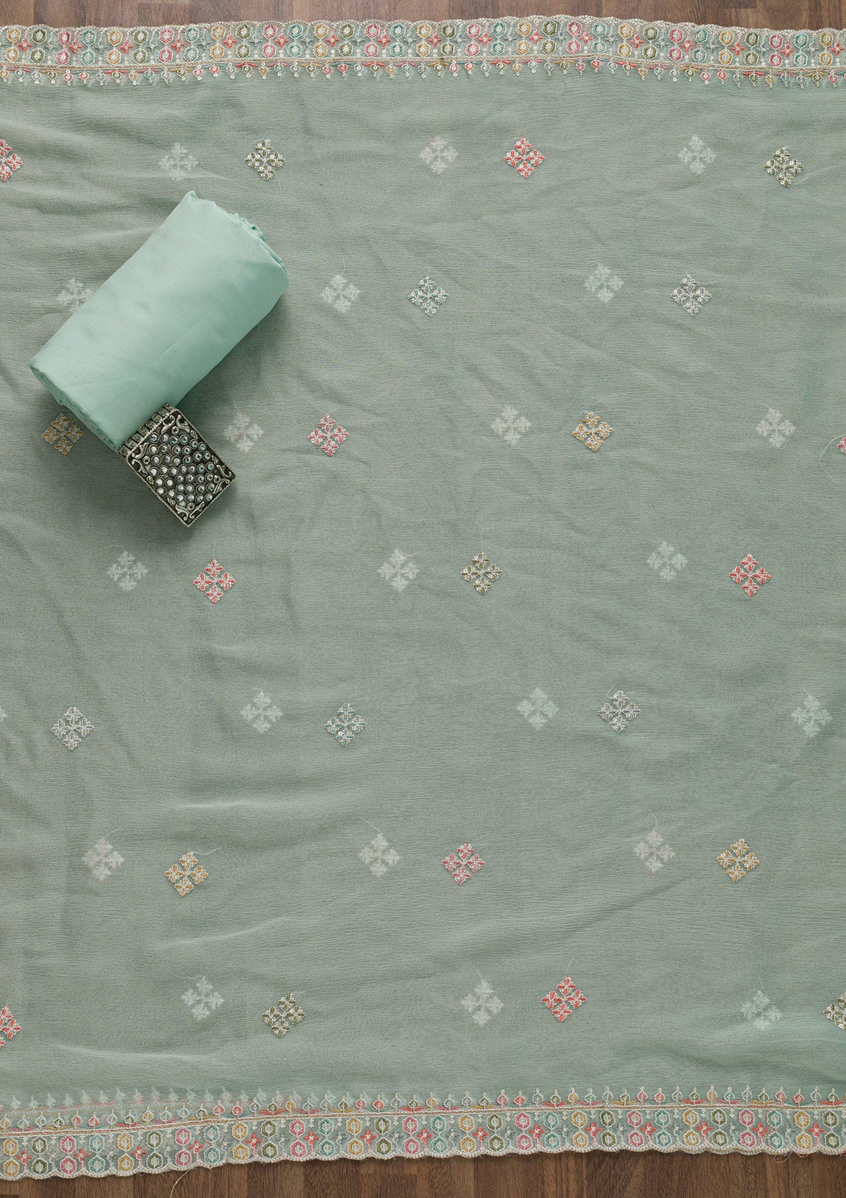 Sea Green Threadwork Georgette Unstitched Salwar Suit-Koskii