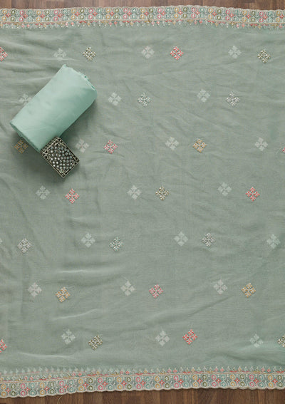 Sea Green Threadwork Georgette Unstitched Salwar Suit-Koskii