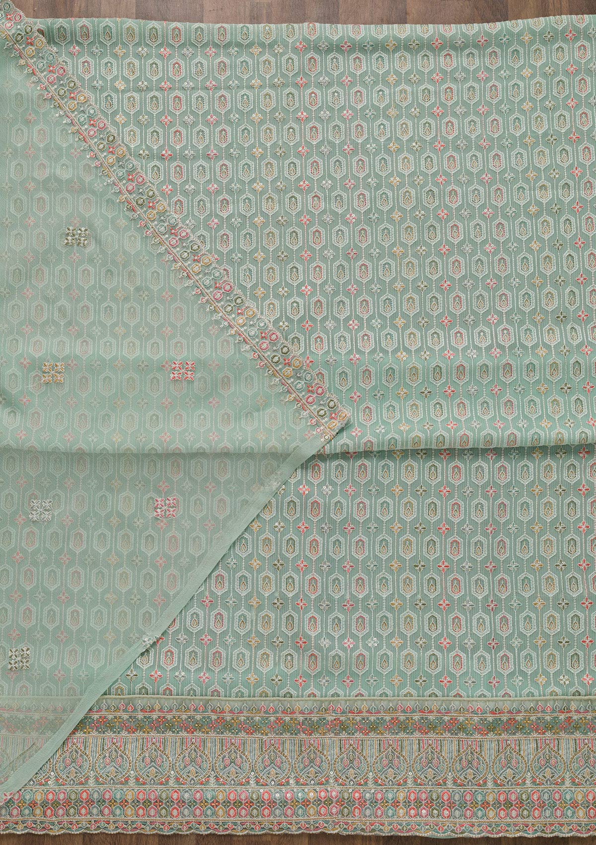 Sea Green Threadwork Georgette Unstitched Salwar Suit-Koskii
