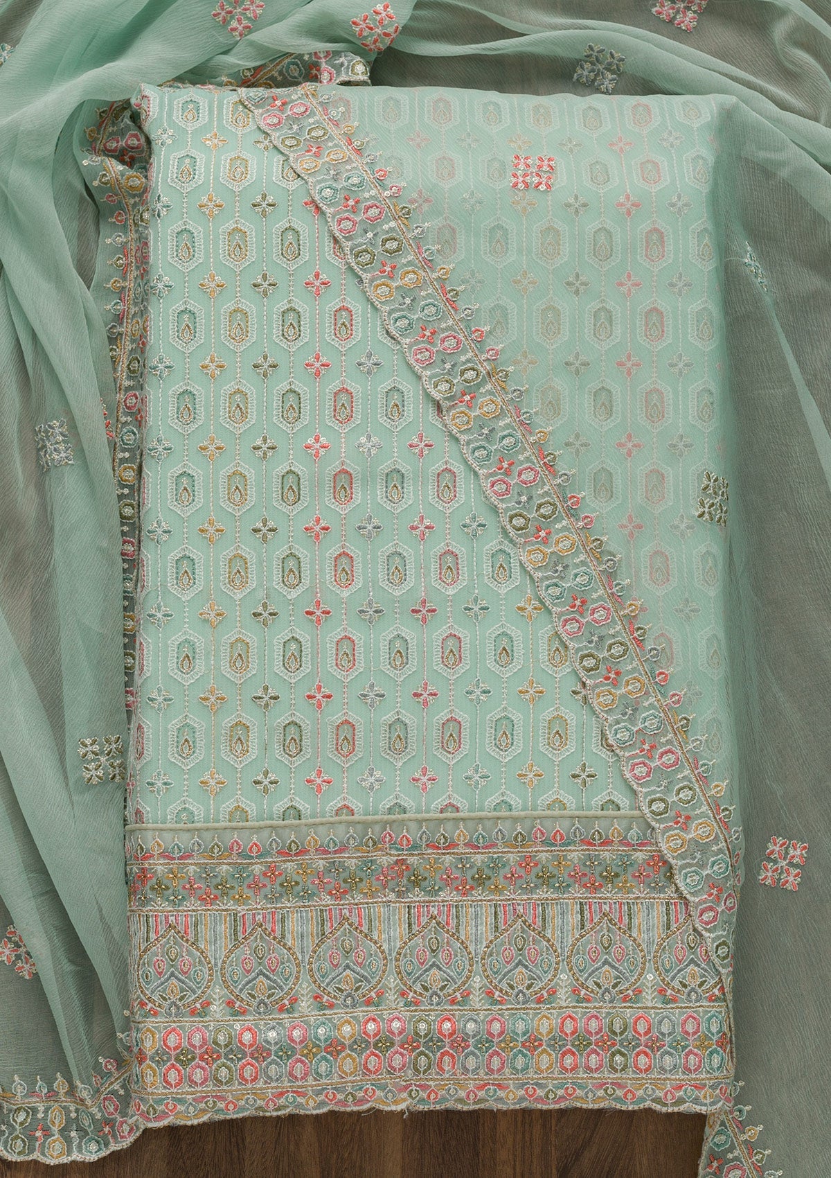 Sea Green Threadwork Georgette Unstitched Salwar Suit-Koskii