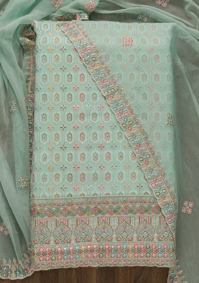 Sea Green Threadwork Georgette Unstitched Salwar Suit-Koskii