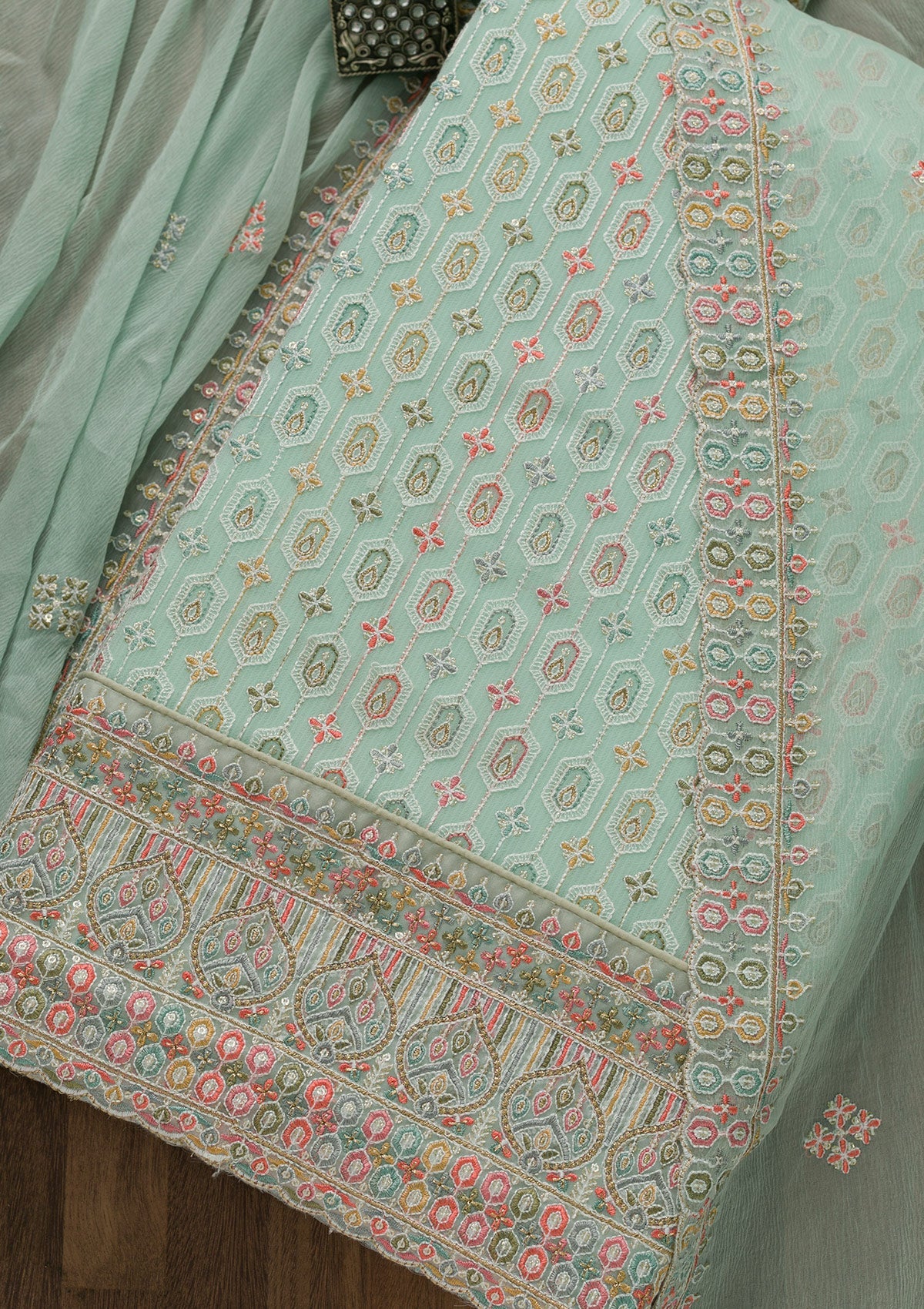 Sea Green Threadwork Georgette Unstitched Salwar Suit-Koskii