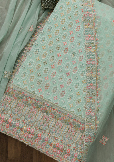 Sea Green Threadwork Georgette Unstitched Salwar Suit-Koskii