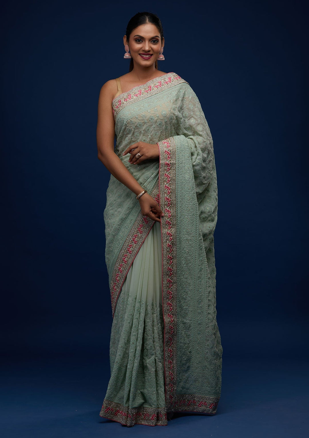 Sea Green Threadwork Georgette Designer Saree - Koskii