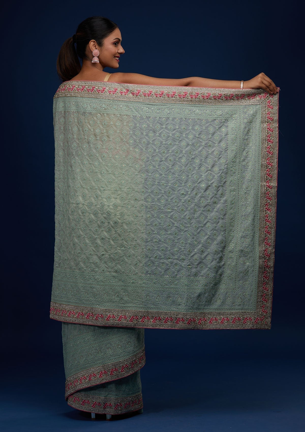 Sea Green Threadwork Georgette Designer Saree - Koskii