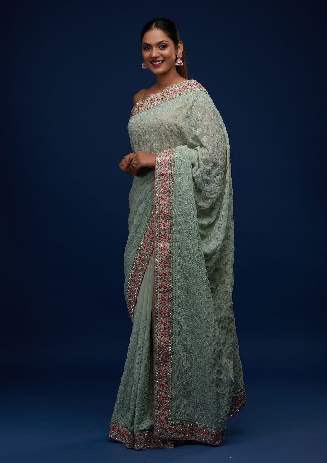 Sea Green Threadwork Georgette Designer Saree - Koskii