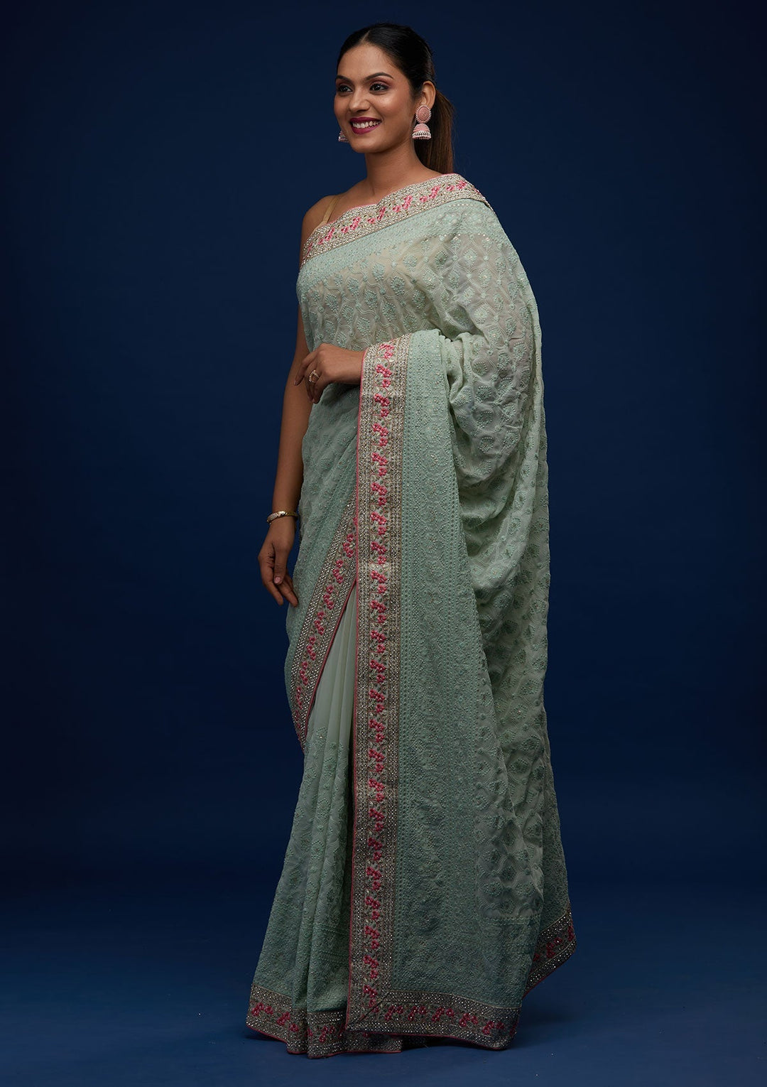 Sea Green Threadwork Georgette Designer Saree - Koskii