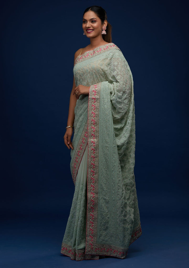 Sea Green Threadwork Georgette Designer Saree - Koskii