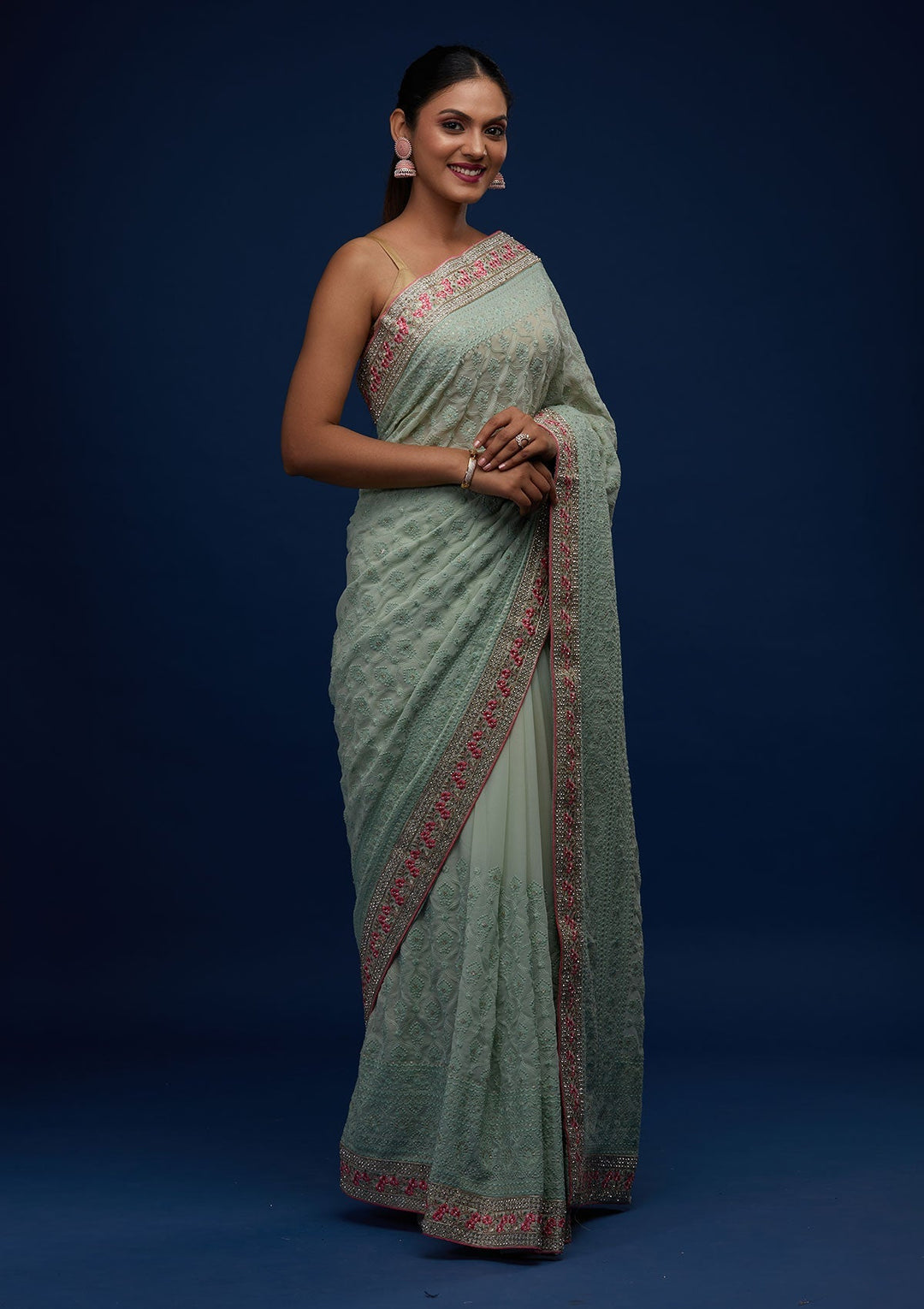 Sea Green Threadwork Georgette Designer Saree - Koskii