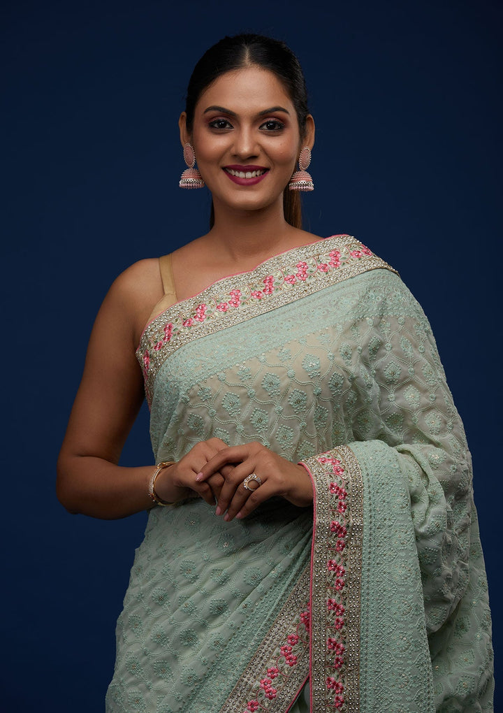 Sea Green Threadwork Georgette Designer Saree - Koskii