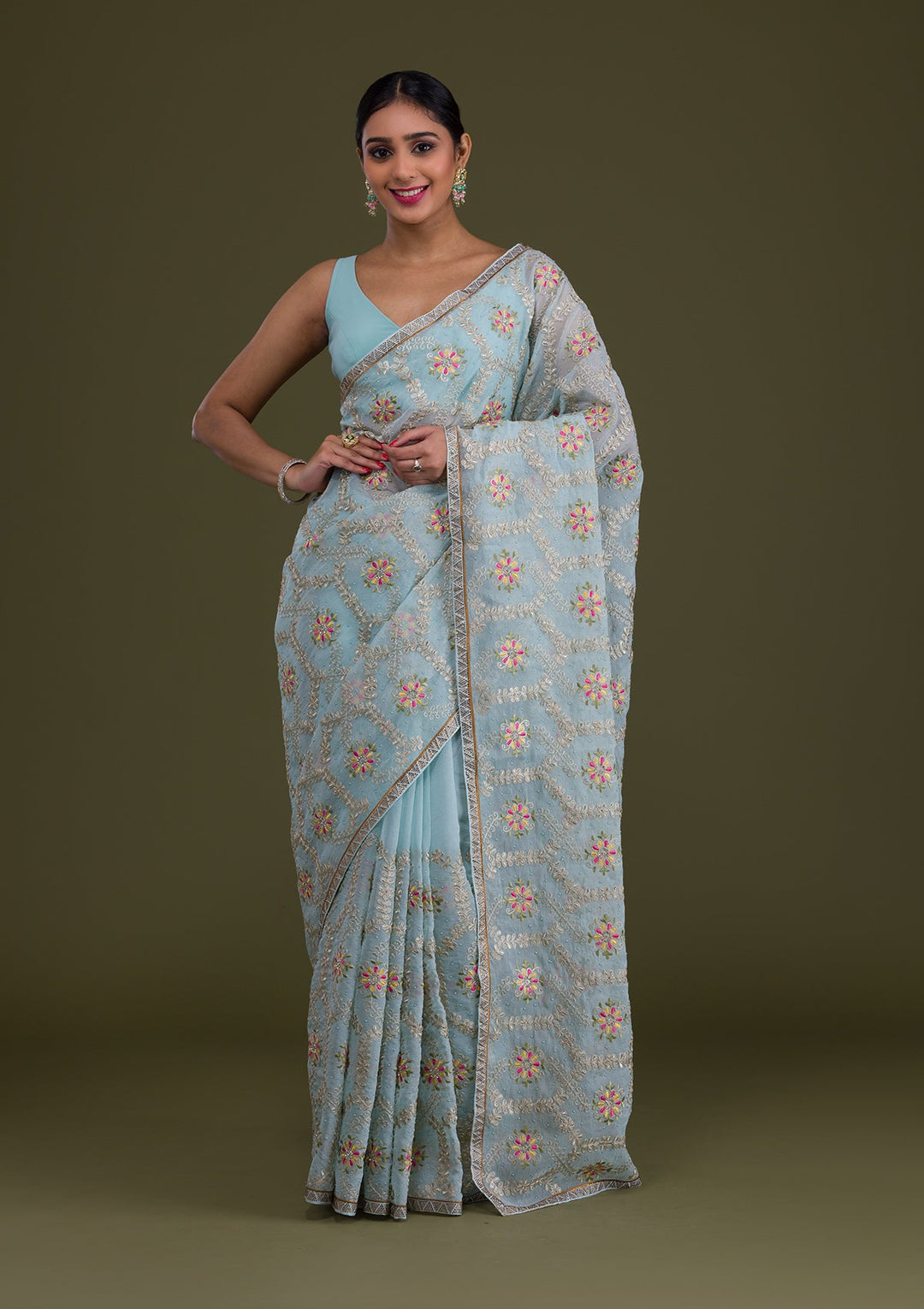 Sea Green Threadwork Georgette Saree-Koskii