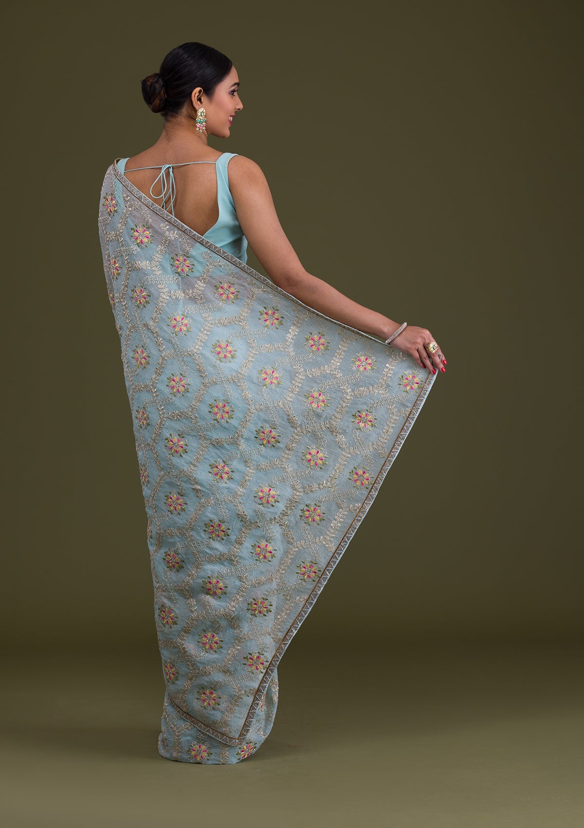 Sea Green Threadwork Georgette Saree-Koskii