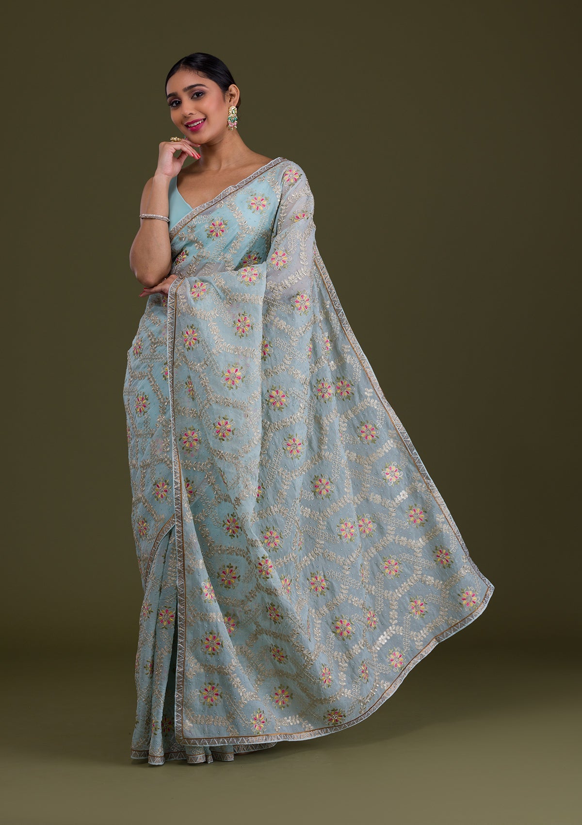 Sea Green Threadwork Georgette Saree-Koskii