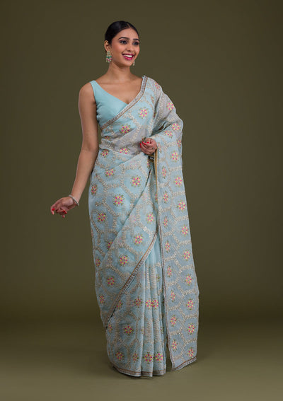 Sea Green Threadwork Georgette Saree-Koskii