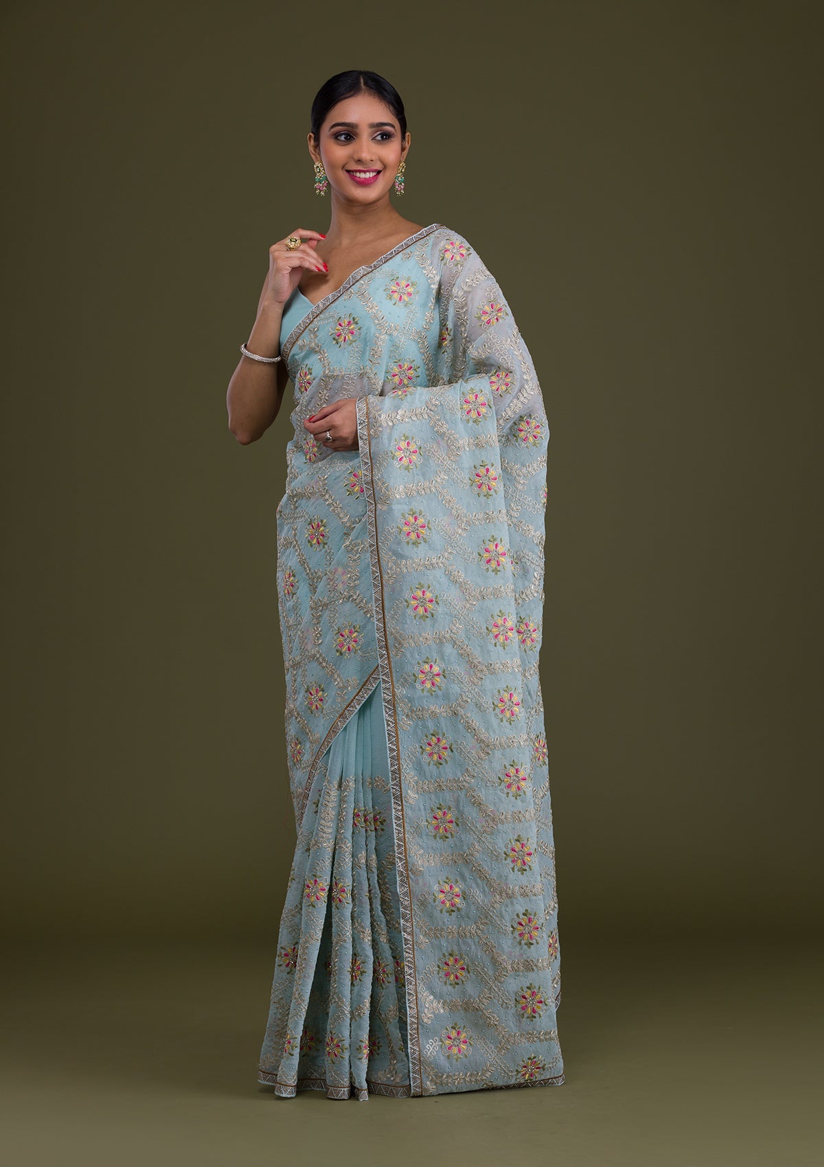 Sea Green Threadwork Georgette Saree-Koskii