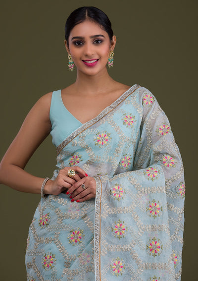 Sea Green Threadwork Georgette Saree-Koskii