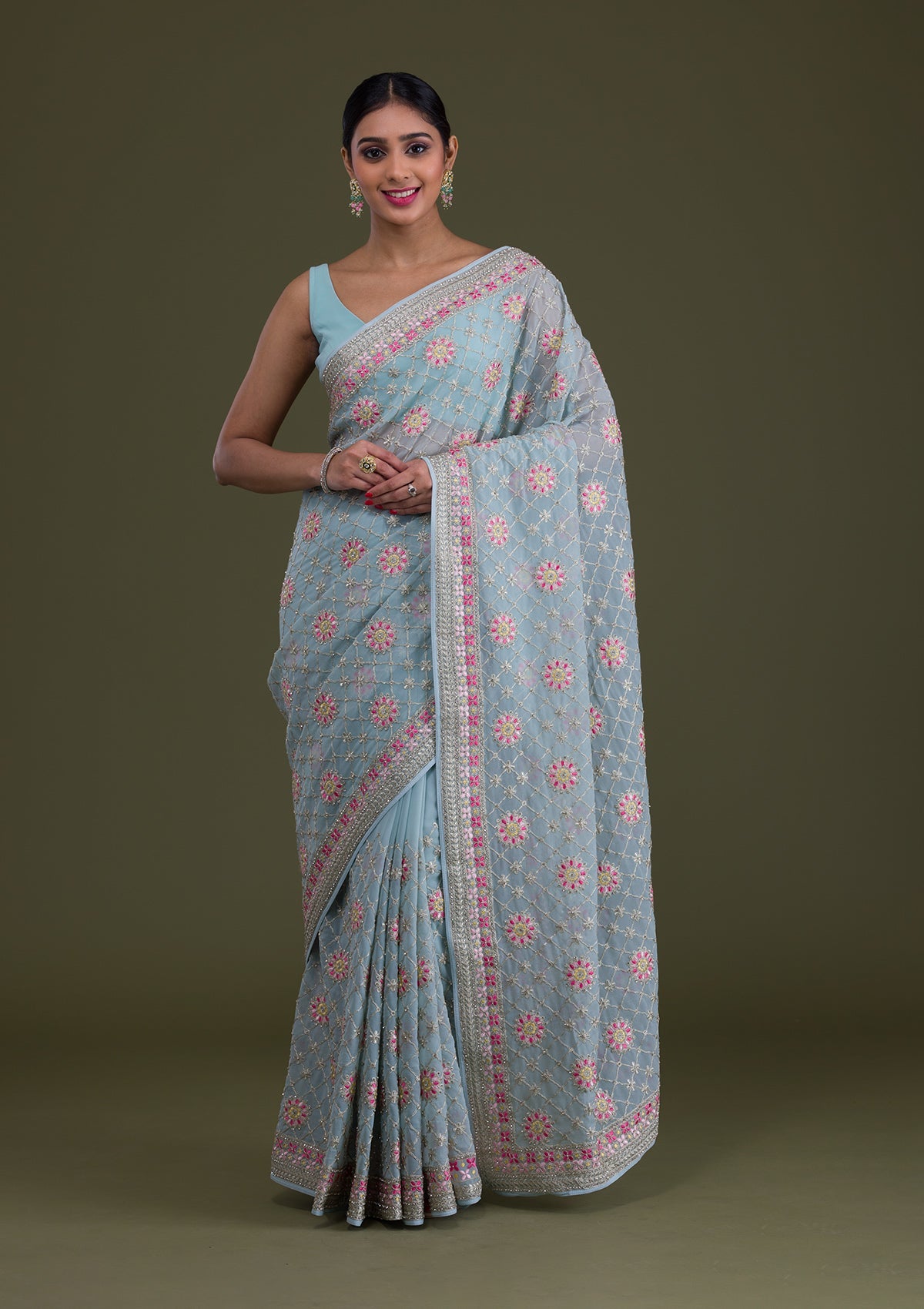 Sea Green Threadwork Georgette Saree-Koskii