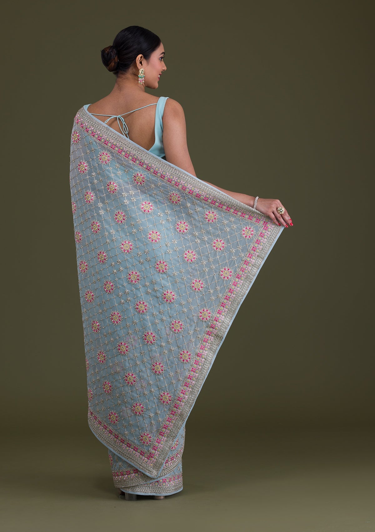 Sea Green Threadwork Georgette Saree-Koskii